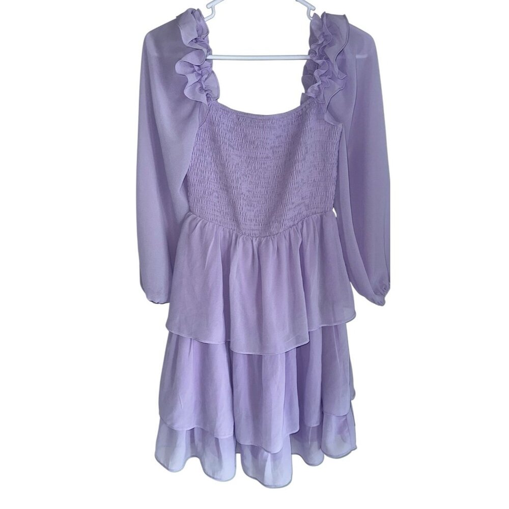 Byinns Womens Long Sleeve Tiered Ruffle Smocked Mini Dress S Lavender Fairy